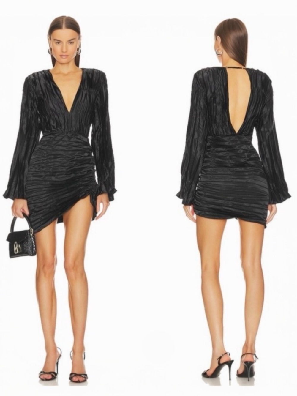 L'IDEE Les Éléments Costes Deep V Long Sleeve Crushed Pleated BodyCon Mini Dress